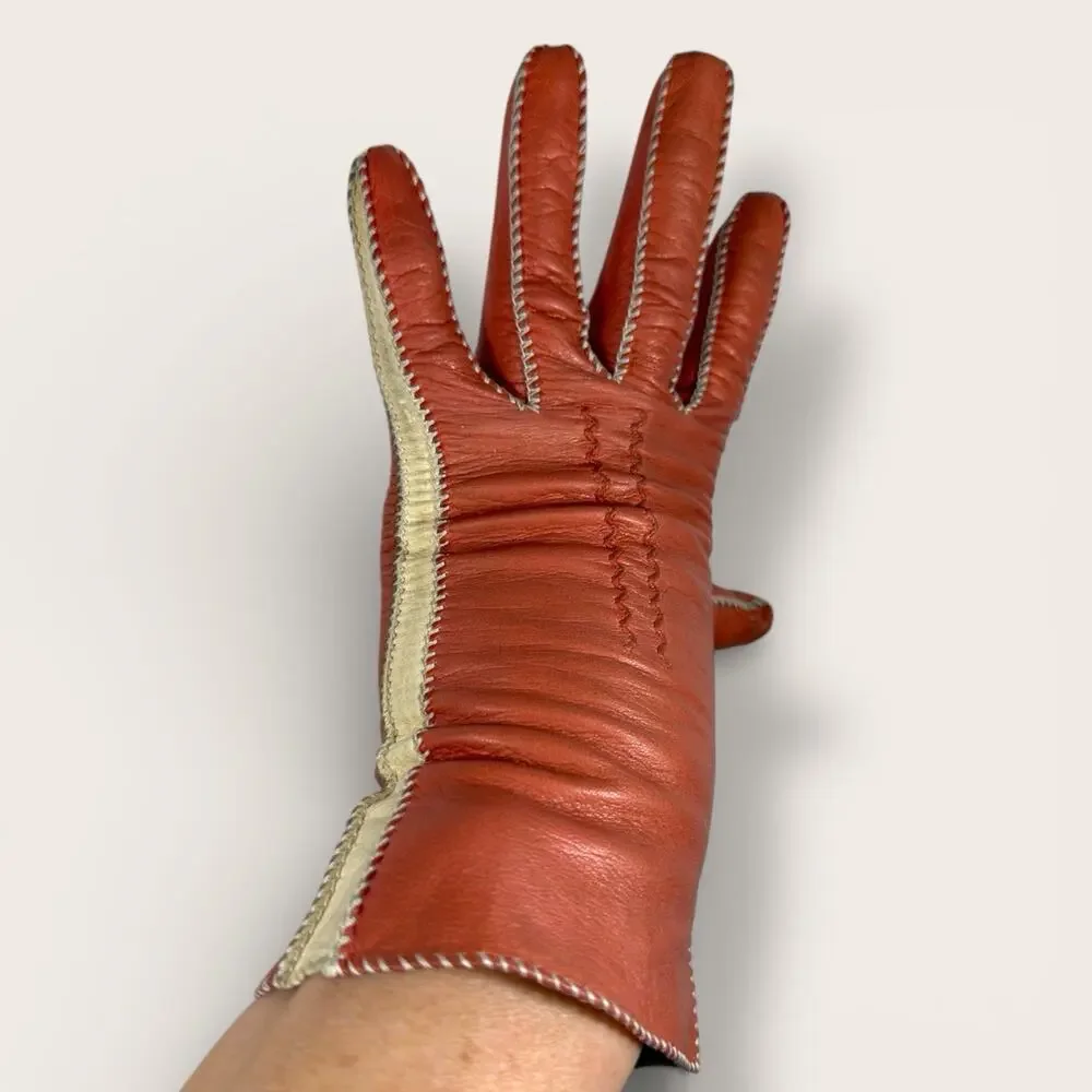 Vintage Kin Kid Leather Colorblock Gloves Ivory Orange Tablecut Size 6.5 1950s